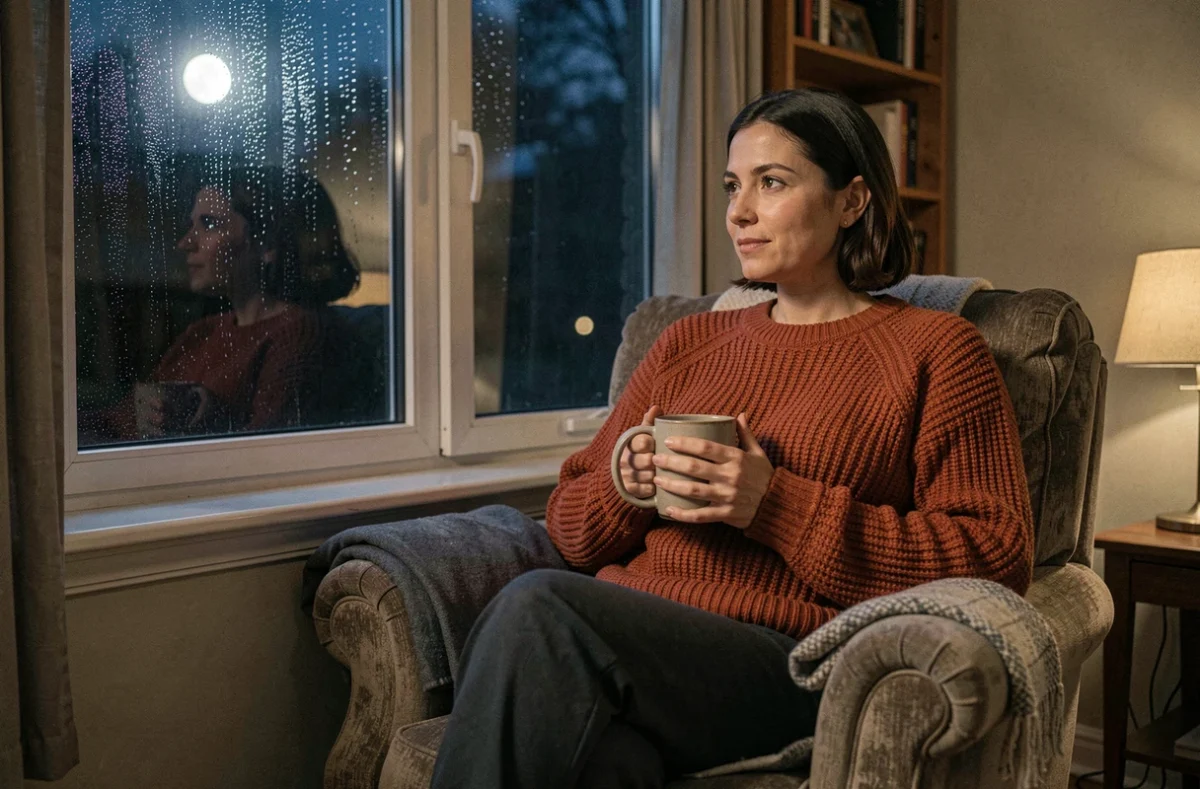 Femme assise dans un fauteuil la nuit face à la lune pleine, tenant une tasse avec une expression sereine d'acceptation émotionnelle sans résistance