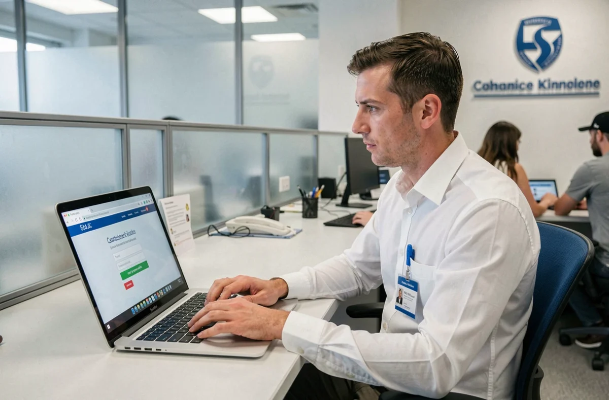 Agent hospitalier masculin utilisant un ordinateur portable pour récupérer l'accès à sa messagerie CHU Montpellier via le lien mot de passe oublié