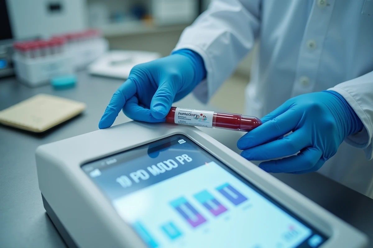 Technicien de laboratoire tenant un tube d'analyse sanguine pédiatrique devant un analyseur hématologique affichant un taux de monocytes