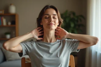 Femme pratiquant un auto-massage du trapèze et du haut du dos assise sur une chaise en bois dans un salon