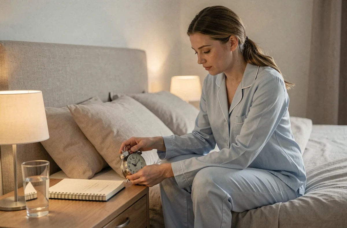 Femme consultant une horloge de chevet pour avancer l'heure de coucher et compenser le retard d'endormissement lié à la pleine lune