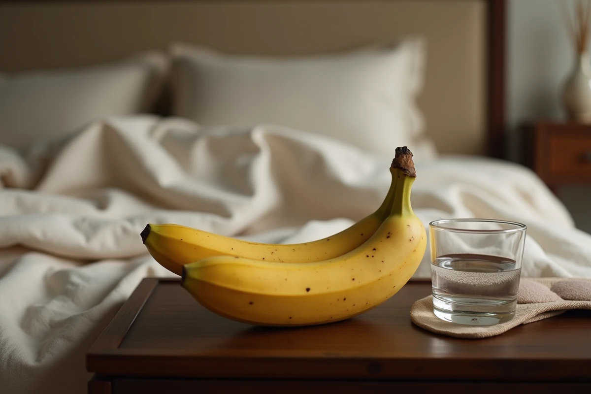Banane posée sur une table de nuit à côté d'un verre d'eau dans une chambre à coucher