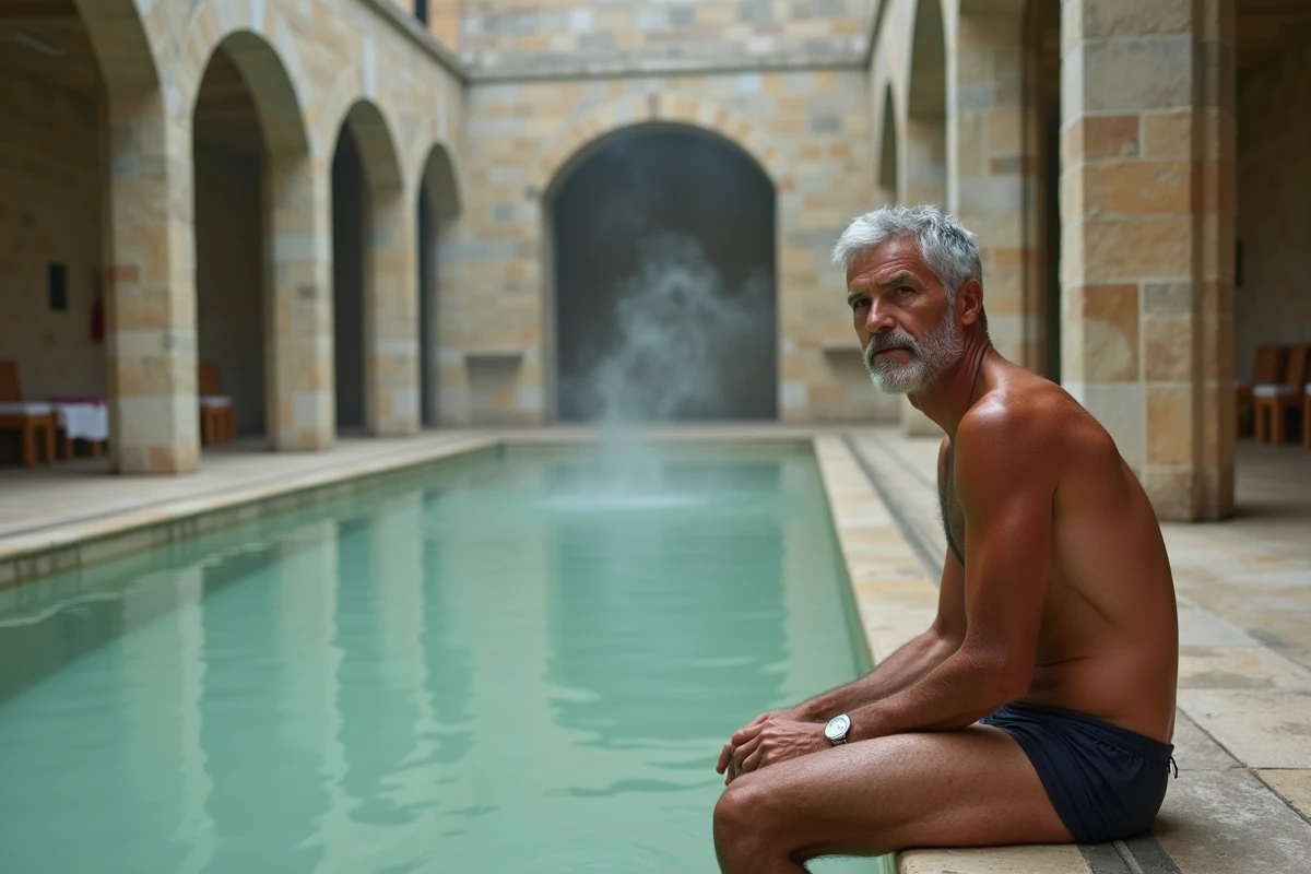 Homme âgé assis au bord d'un bassin thermal en France avant sa séance de soins neurologiques