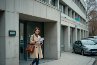 Façade d'un bâtiment CPAM en banlieue parisienne avec une femme consultant son adresse avant d'entrer