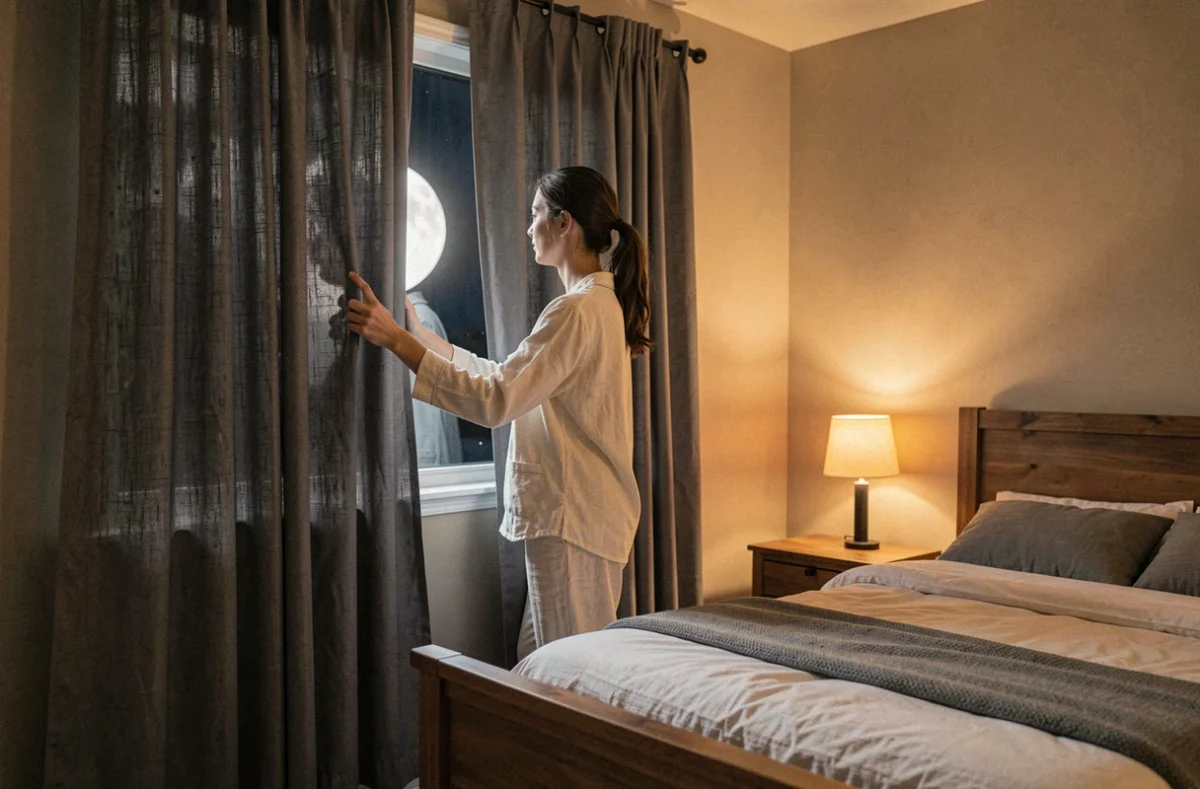 Femme installant des rideaux occultants épais pour bloquer la lumière de la lune pleine dans sa chambre avant de dormir