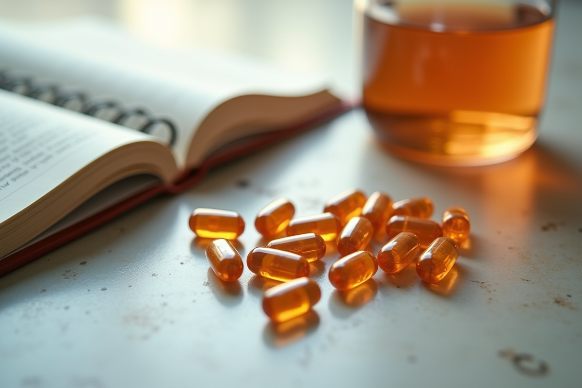 Capsules de vitamine B6 dispersées sur une table avec eau et carnet