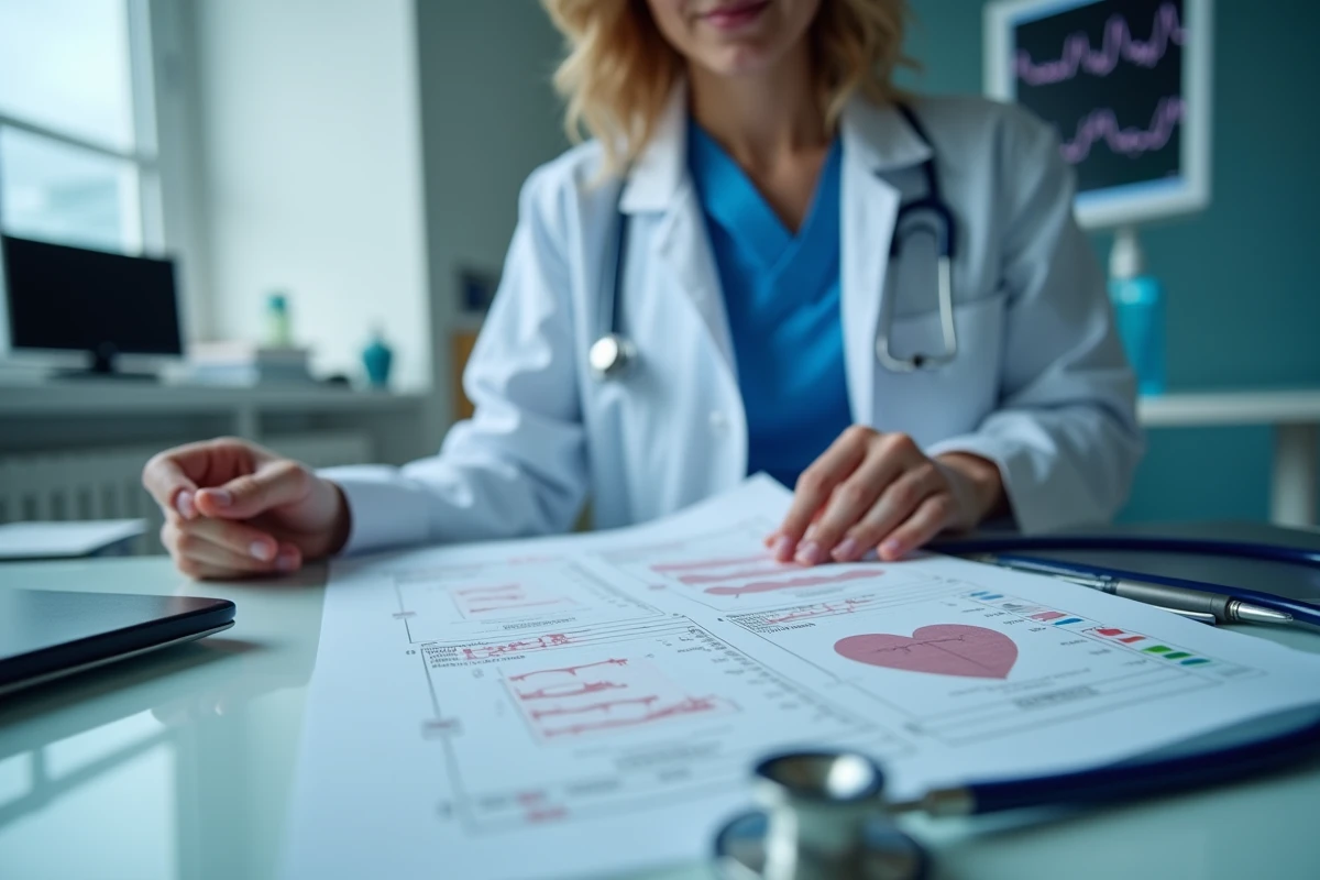 Cardiologue analysant un graphique de volume sanguin et de tension artérielle dans un bureau hospitalier