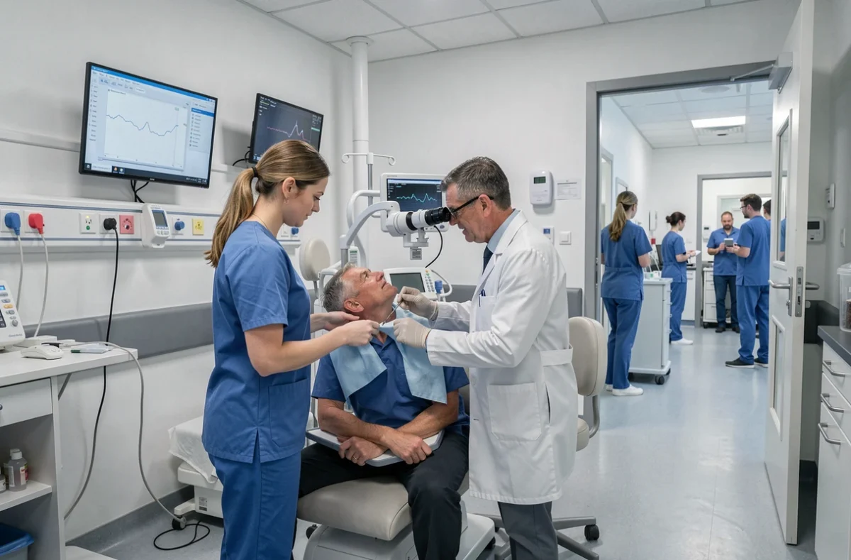Ophtalmologue et infirmière préparant un patient pour un examen rétinien au Centre hospitalier Loire-Vendée-Océan de Challans