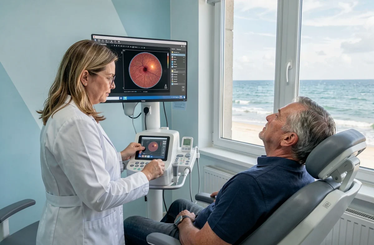 Ophtalmologue du Centre ophtalmologique du Pays des Olonnes effectuant une tomographie de la rétine d'un patient