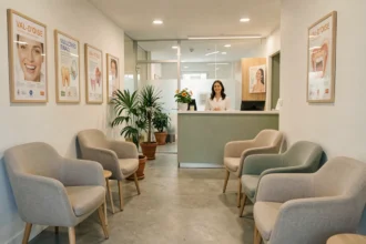 Salle d'attente moderne d'un centre dentaire dans le Val-d'Oise, avec accueil chaleureux et décoration soignée