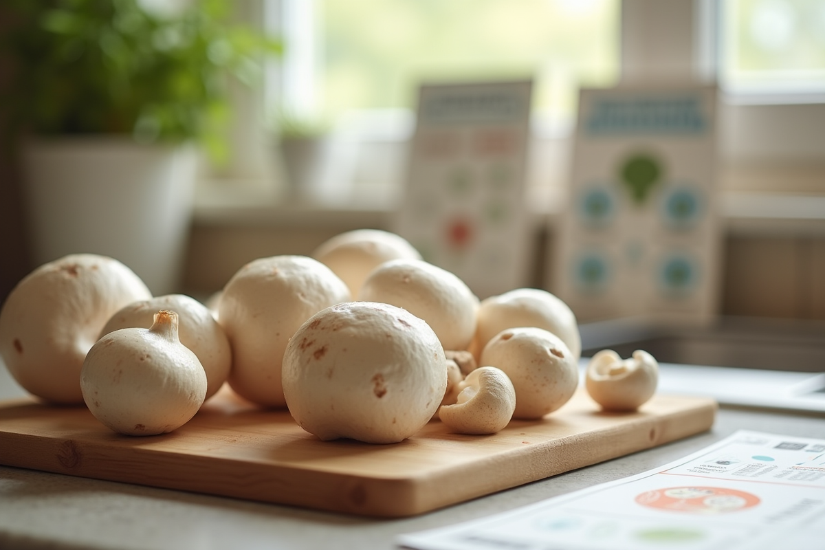 Champignons frais sur un plan de travail avec des fiches de prévention