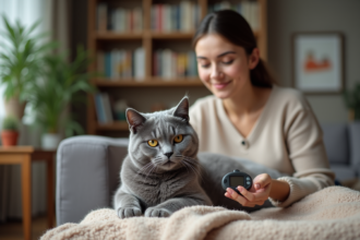 Chat gris et femme vérifiant un glucose à la maison