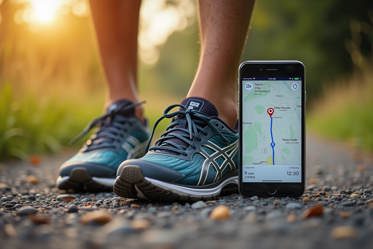 Chaussures de course usées avec une application de carte sur smartphone