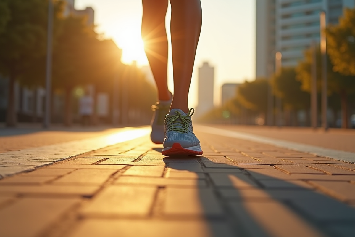 Chaussures de course confortables sur un chemin urbain ensoleille