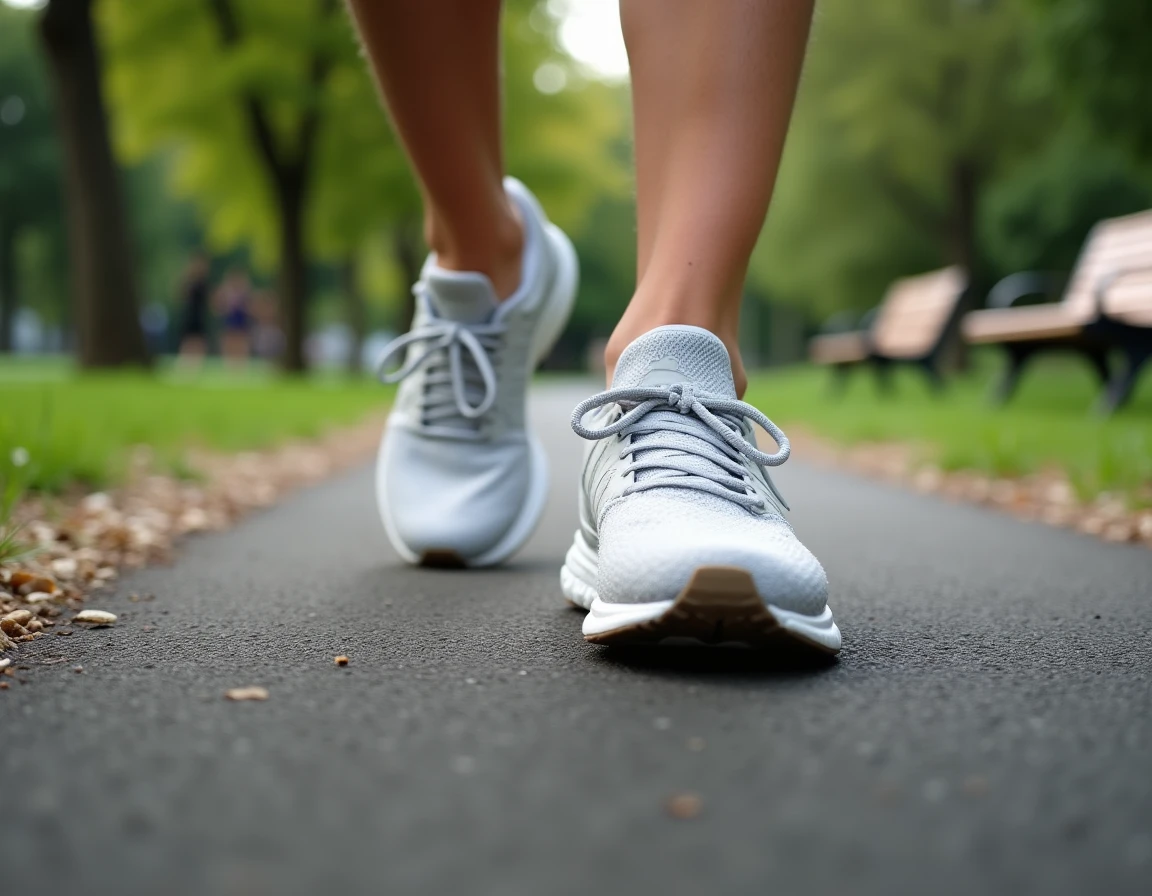Chaussures de marche usées en mouvement sur un chemin de parc illustrant les 10000 pas journaliers recommandés pour maigrir