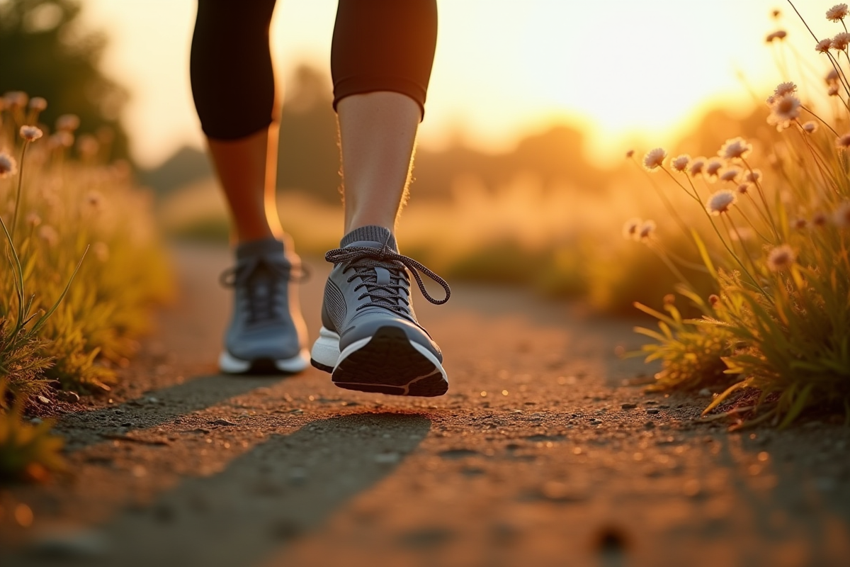 Chaussures de sport sur un chemin rural au lever du soleil