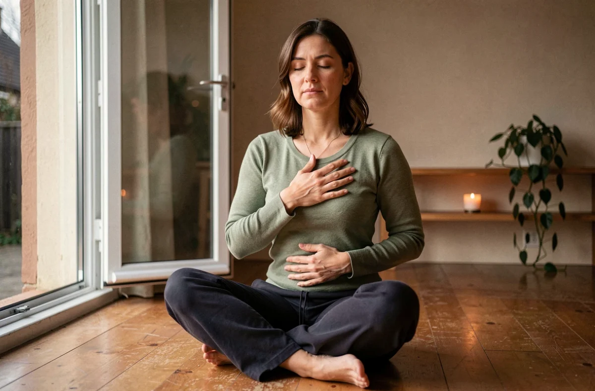 Femme pratiquant la cohérence cardiaque assise au sol, mains posées sur la poitrine et le ventre, yeux fermés dans une respiration consciente