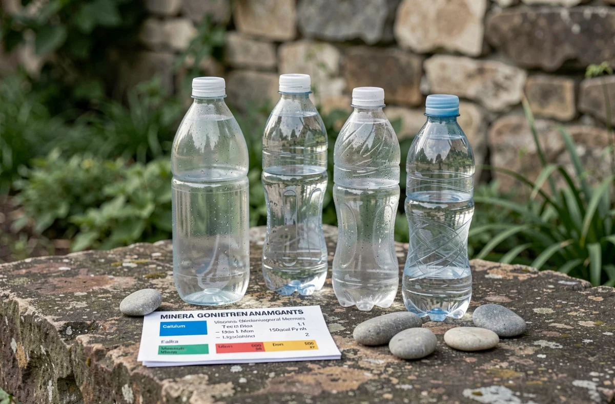 Comparaison de bouteilles d'eau minérale sur pierre naturelle avec tableau de composition pour choisir la meilleure eau contre les calculs rénaux