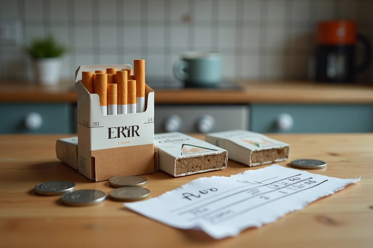 Comparaison des prix de paquets de cigarettes en euros au Luxembourg posés sur une table avec des pièces de monnaie