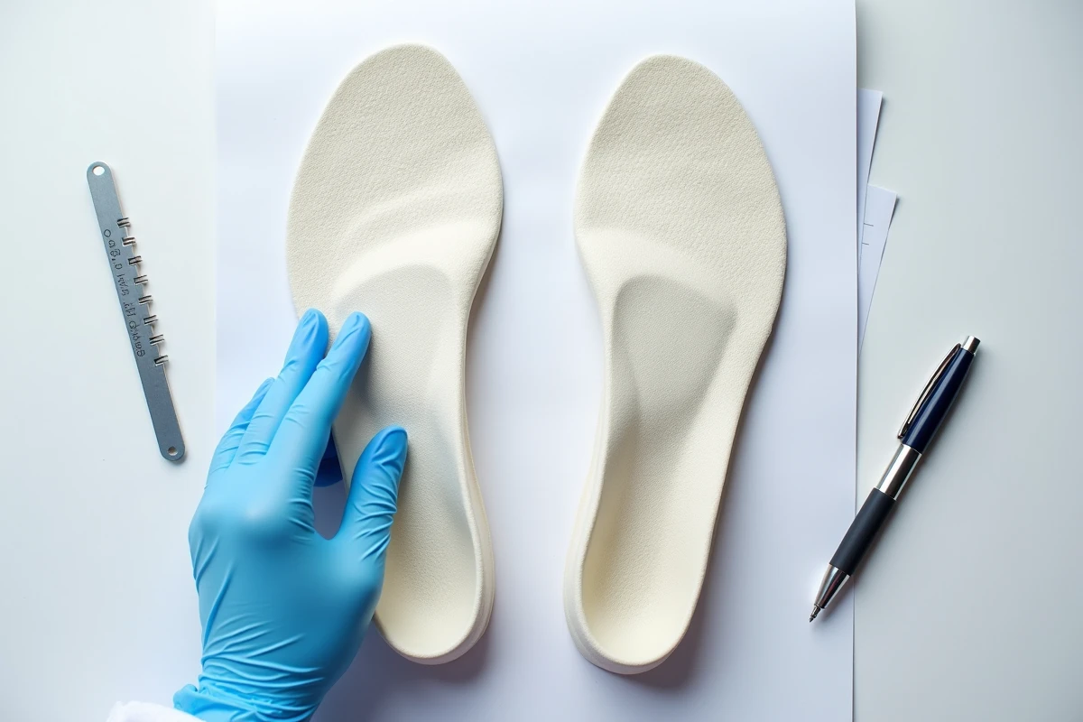 Vue rapprochée de deux semelles orthopédiques comparées sur une surface médicale blanche
