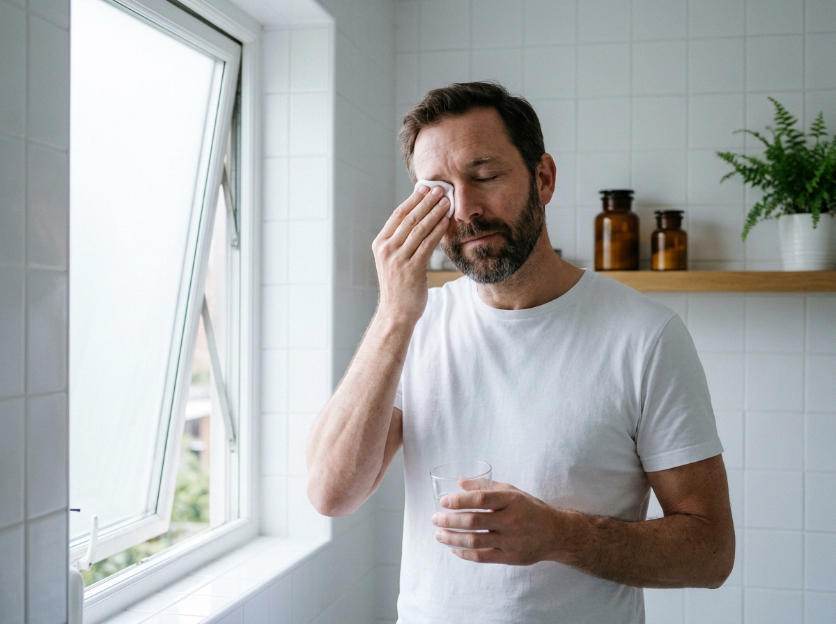 Homme appliquant une compresse humide sur l'œil pour apaiser l'irritation oculaire dans une salle de bain minimaliste