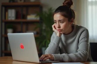 Femme frustrée devant un message d'erreur de compte bloqué sur ordinateur portable