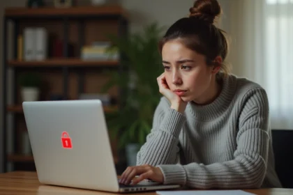 Femme frustrée devant un message d'erreur de compte bloqué sur ordinateur portable