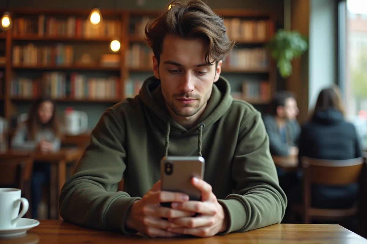 Jeune adulte se connectant à son compte web depuis un smartphone dans un café urbain