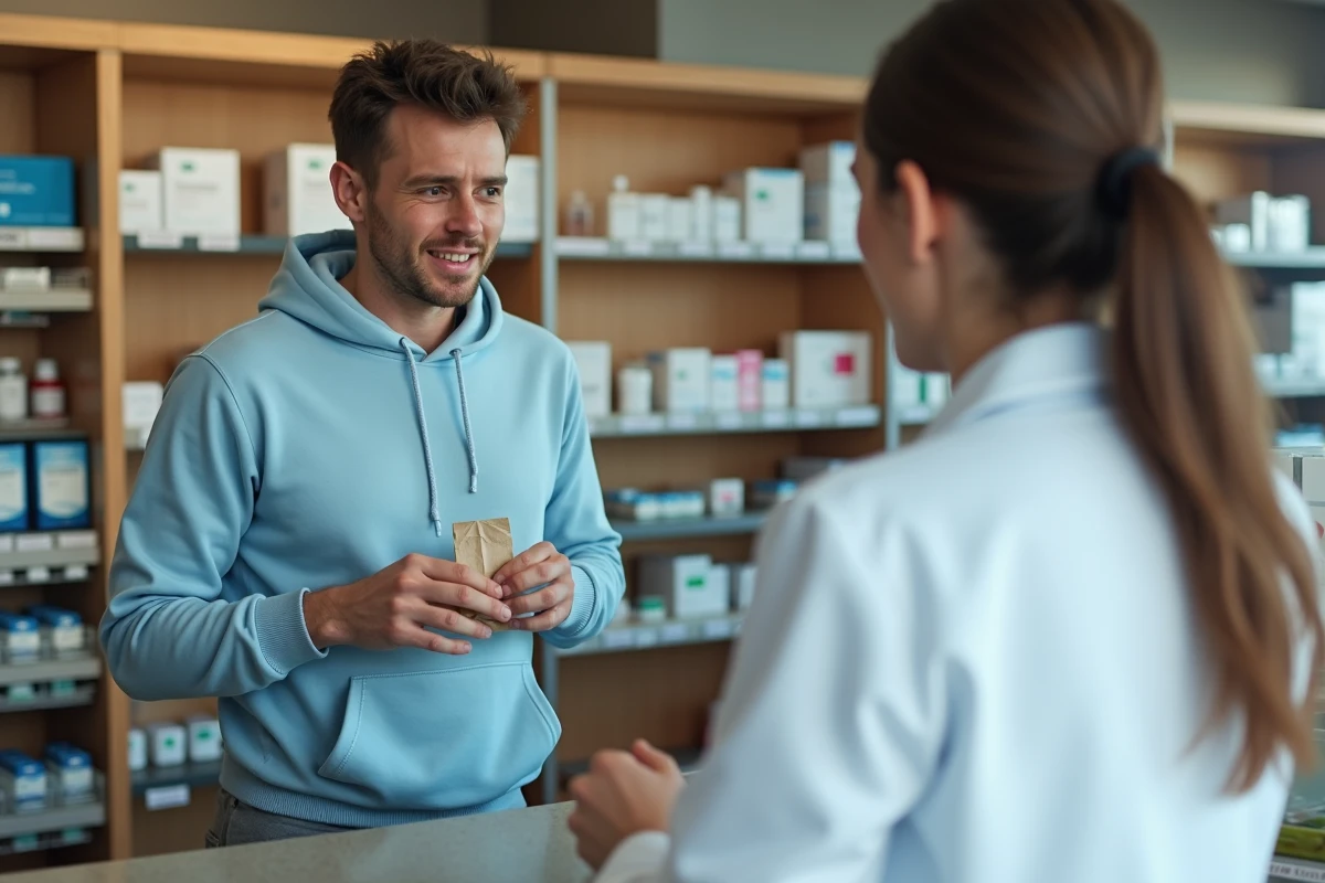 Jeune homme en pharmacie demandant conseil pour une toux, face à une pharmacienne