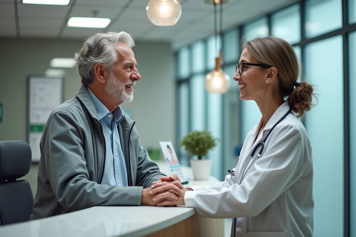 Homme âgé en consultation avec une professionnelle de santé