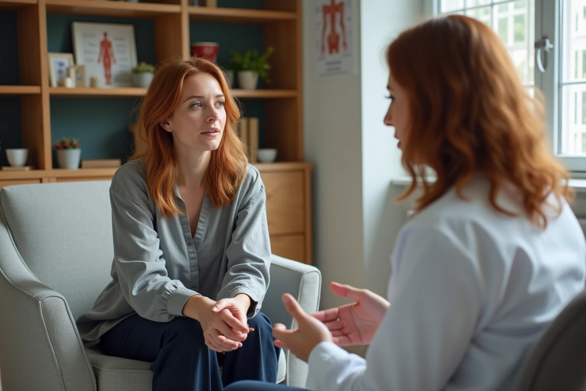 Consultation gynécologique après salpingectomie, patiente et médecin discutant de sexualité et de projet de grossesse post-opératoire