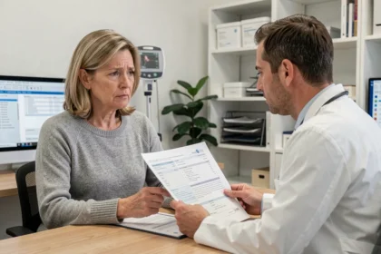 Femme d'âge mûr consultant un médecin au sujet de résultats d'analyses sanguins montrant un taux de GGT élevé
