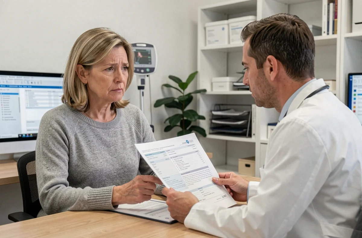 Femme d'âge mûr consultant un médecin au sujet de résultats d'analyses sanguins montrant un taux de GGT élevé