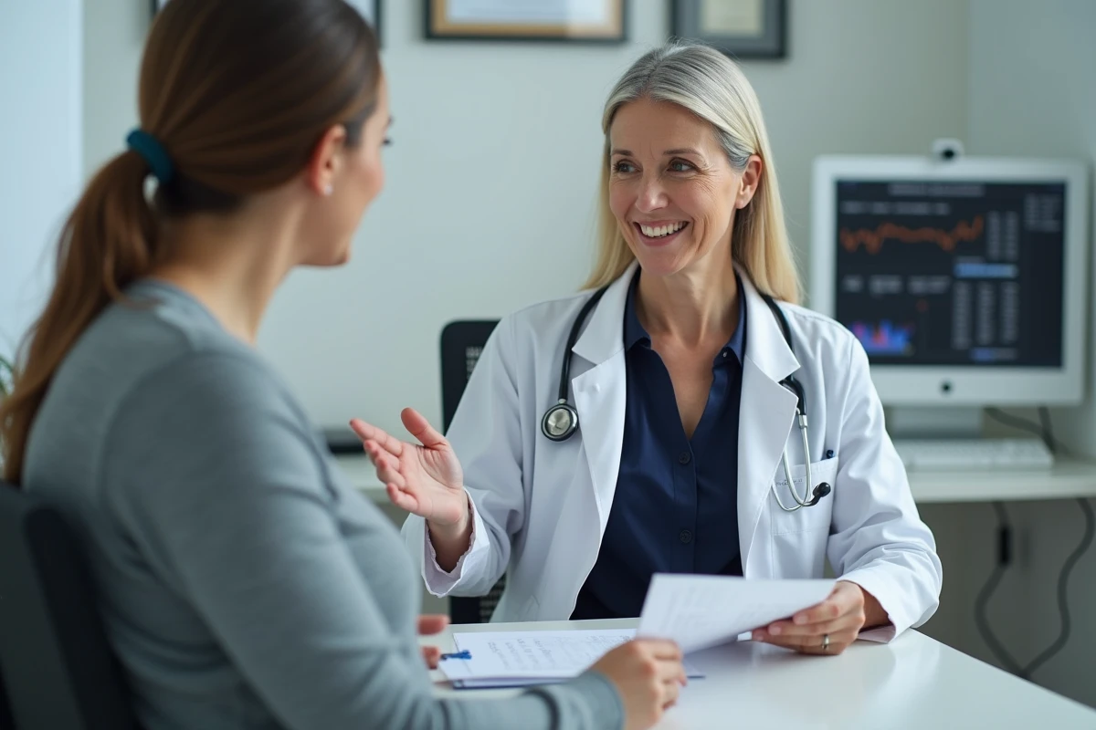 Médecin généraliste expliquant les risques de la scarlatine à une femme enceinte en consultation