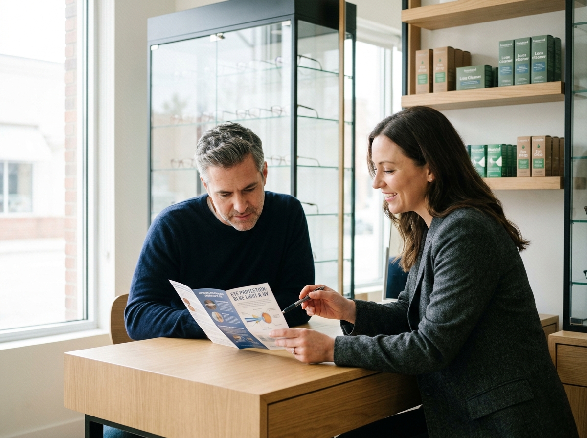 Patient senior consultant une brochure sur la protection oculaire avec un opticien dans un magasin d'optique moderne