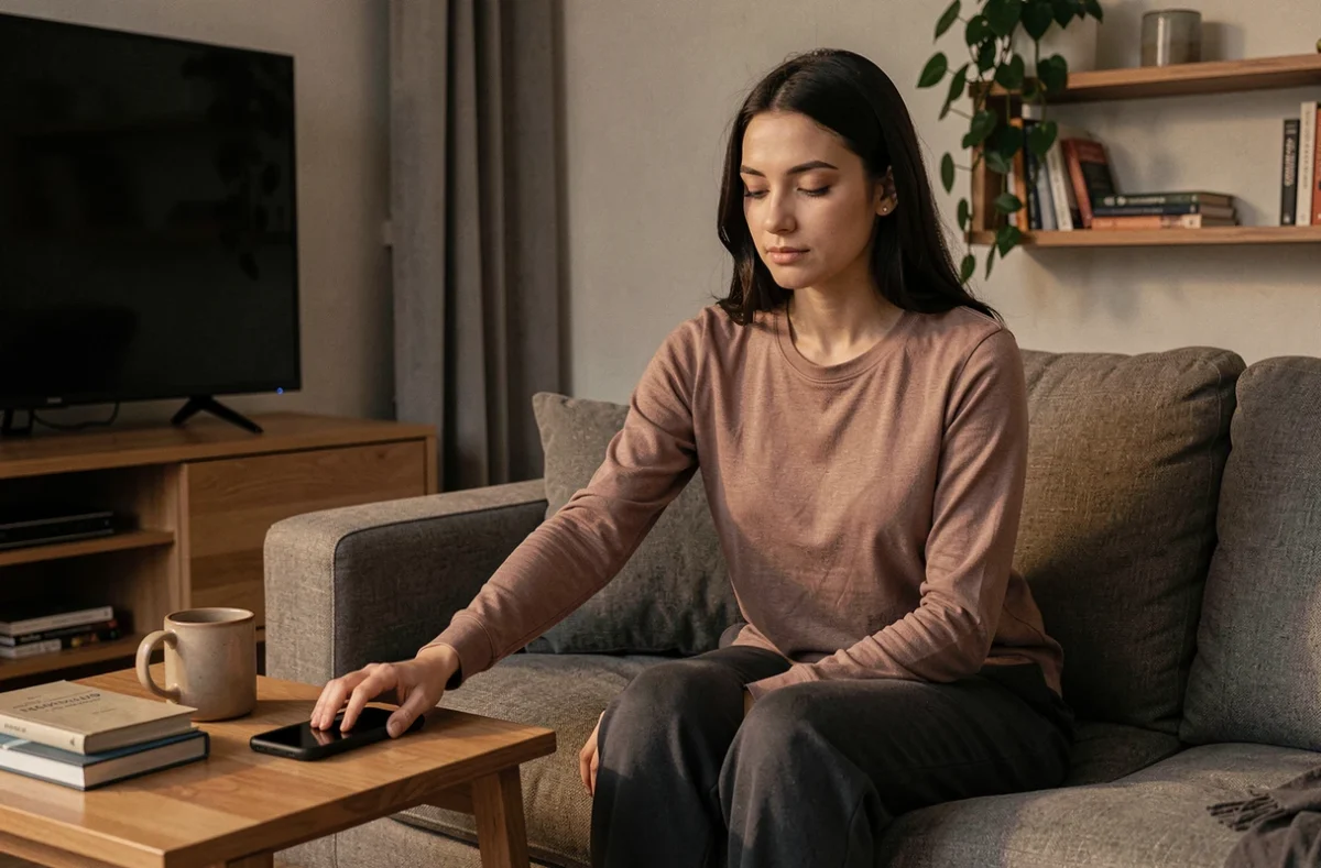 Femme posant son téléphone et retirant ses écouteurs le soir pour couper les stimulations numériques et auditives avant de dormir