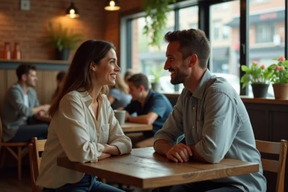 Couple en conversation intime dans un café rustique, illustrant l'amélioration de la communication dans les relations amoureuses