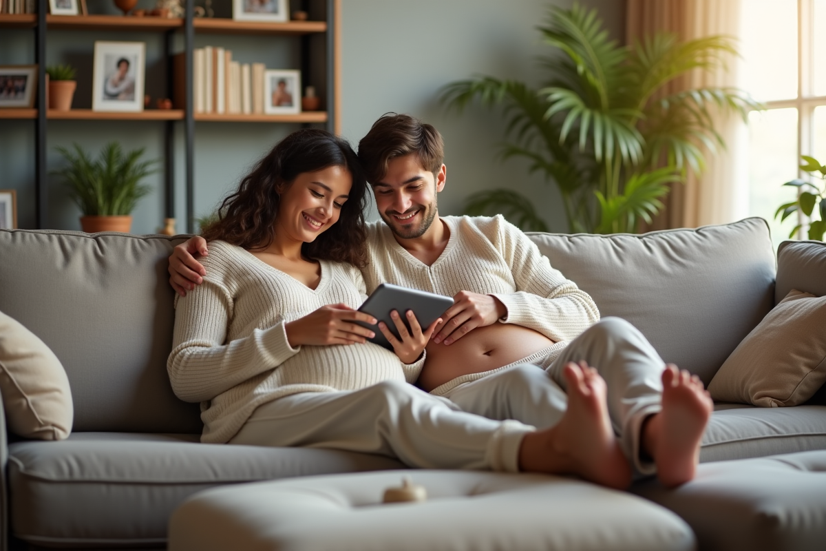 Couple en détente regardant une application grossesse