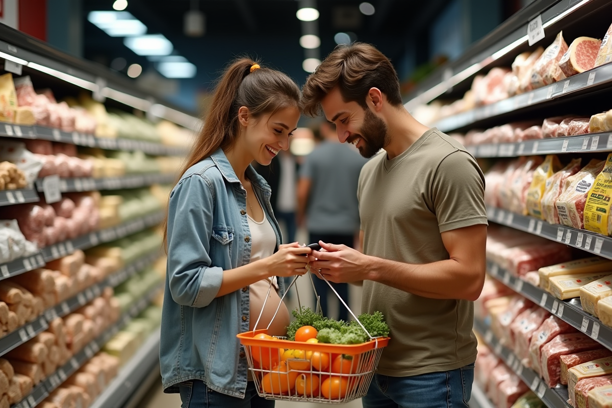 Couple enceinte faisant des courses dans un supermarché