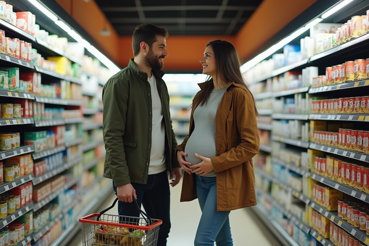 Couple en pleine discussion dans une allée de supermarché
