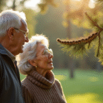 Couple senior dans un parc observant des chenilles processionnaires