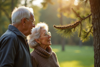 Couple senior dans un parc observant des chenilles processionnaires