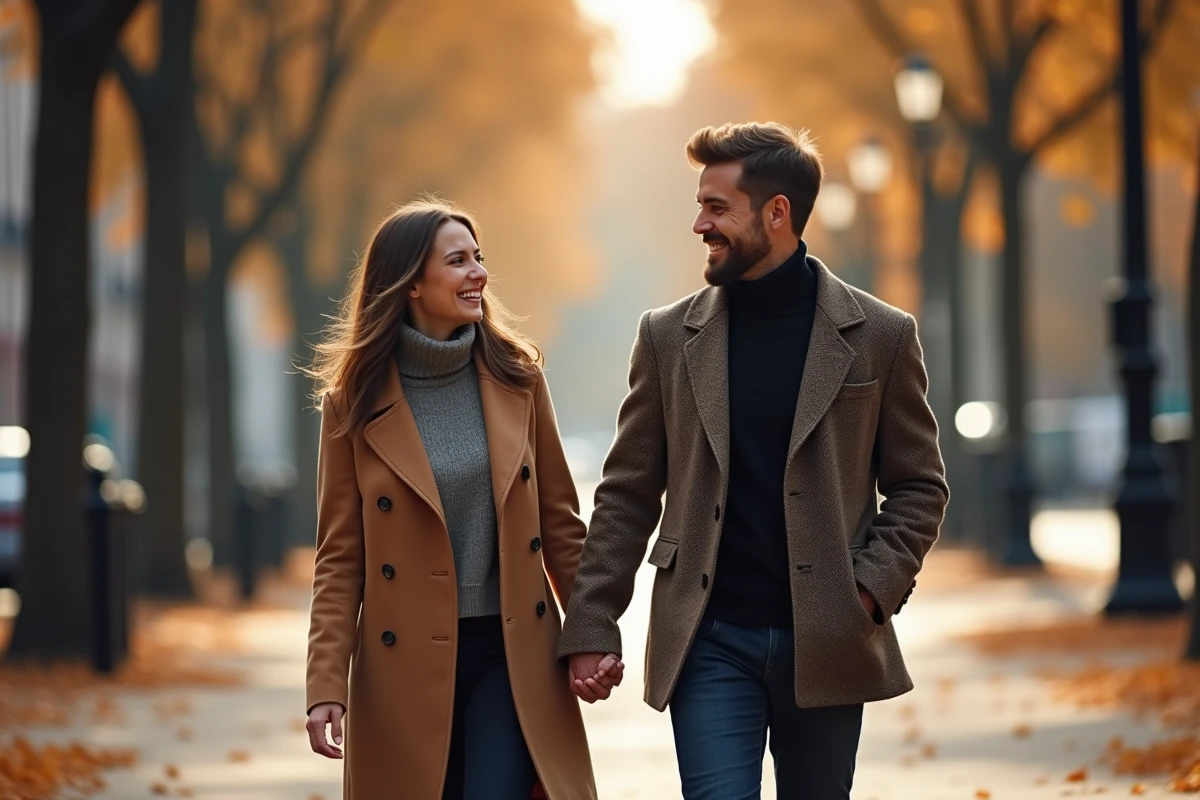 Couple se promenant main dans la main en automne en ville, symbolisant une relation amoureuse épanouie et harmonieuse
