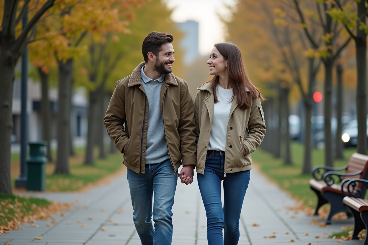Jeune couple marchant dans un parc urbain