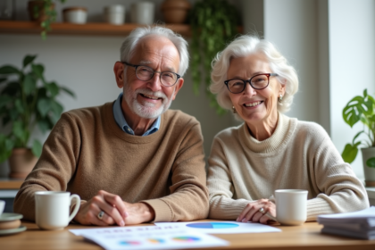 Couple retraité souriant à la cuisine chaleureuse