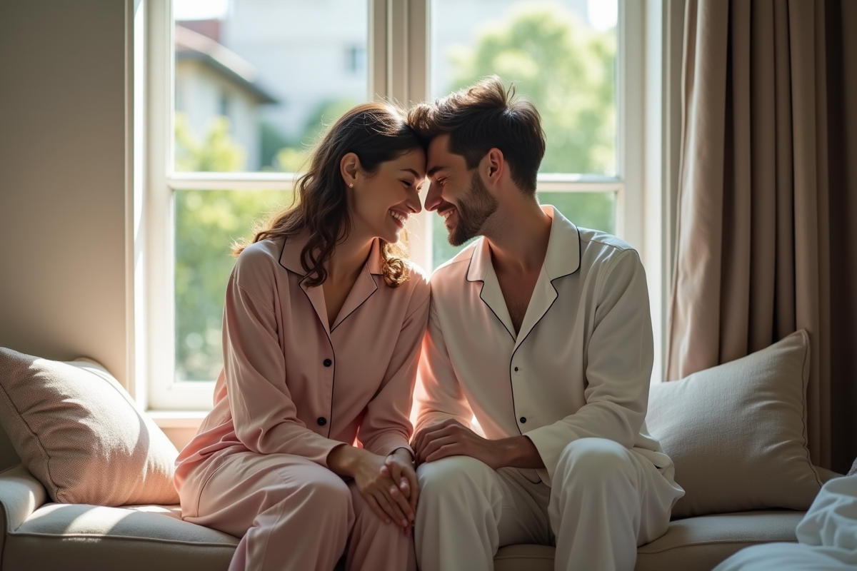 Couple souriant assis sur un siege de fenetre dans une chambre lumineuse