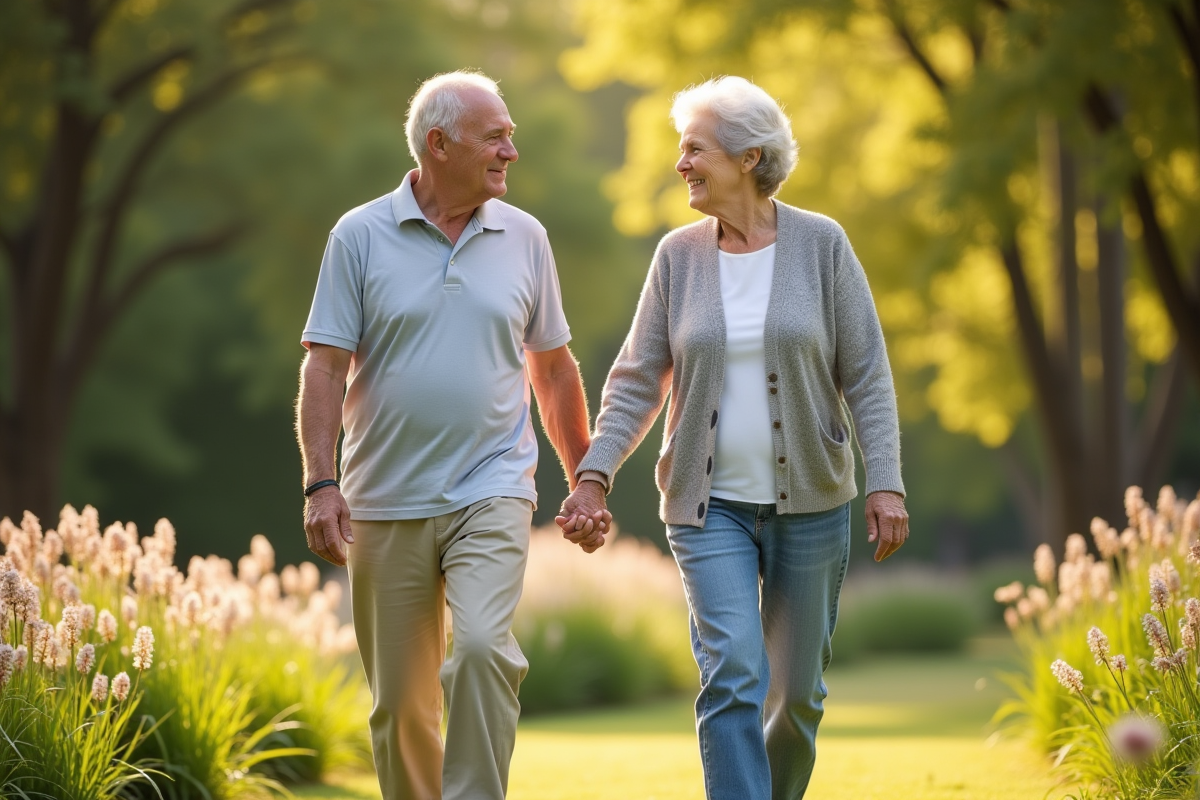 Un couple âgé marche dans un parc ensoleille avec vitalite et bonheur