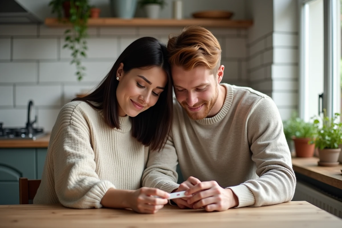 Couple ému découvrant un test de grossesse positif à la cuisine, projet de bébé après ablation d'une trompe de Fallope