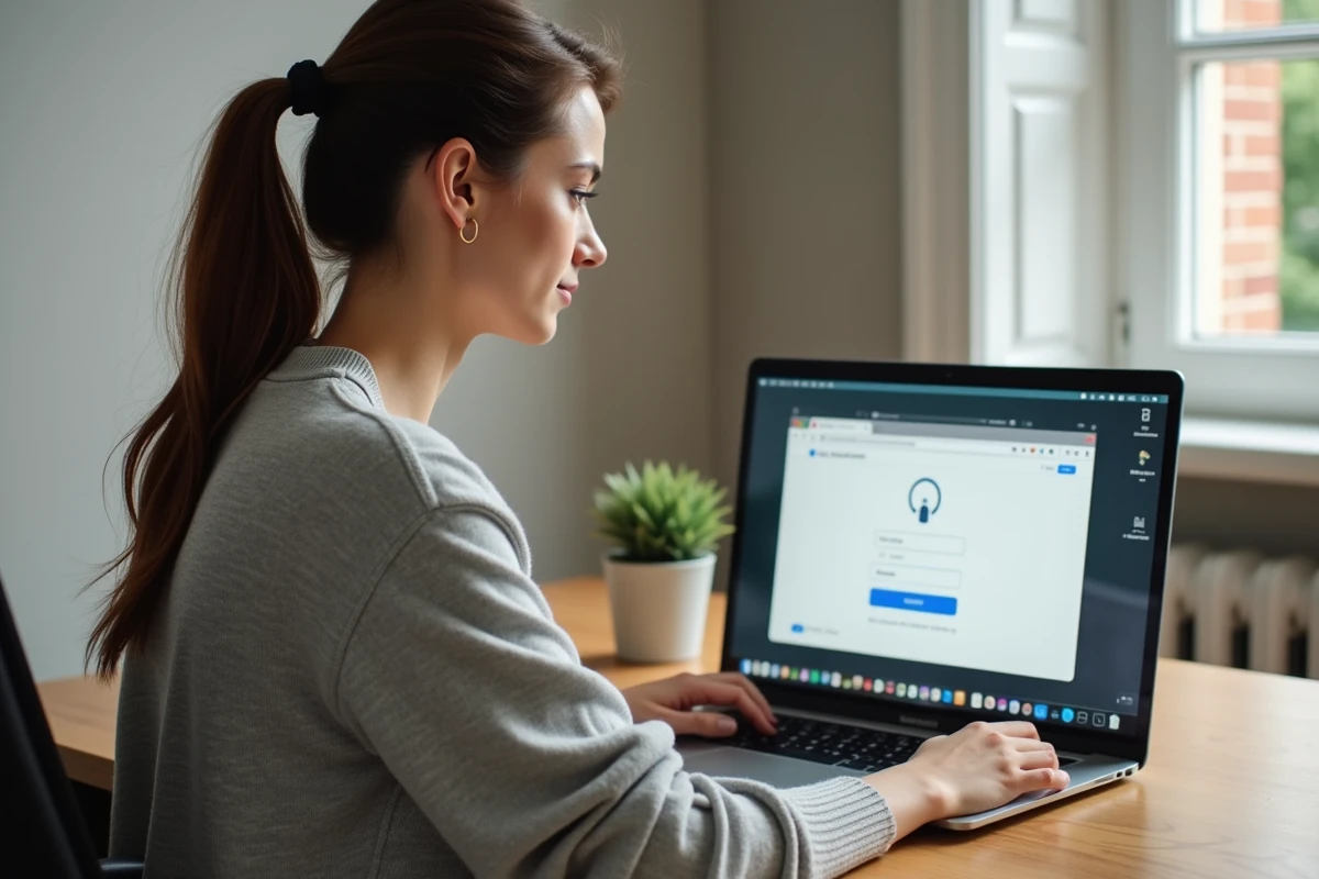 Femme créant son compte en ligne sur un ordinateur portable dans un bureau à domicile moderne