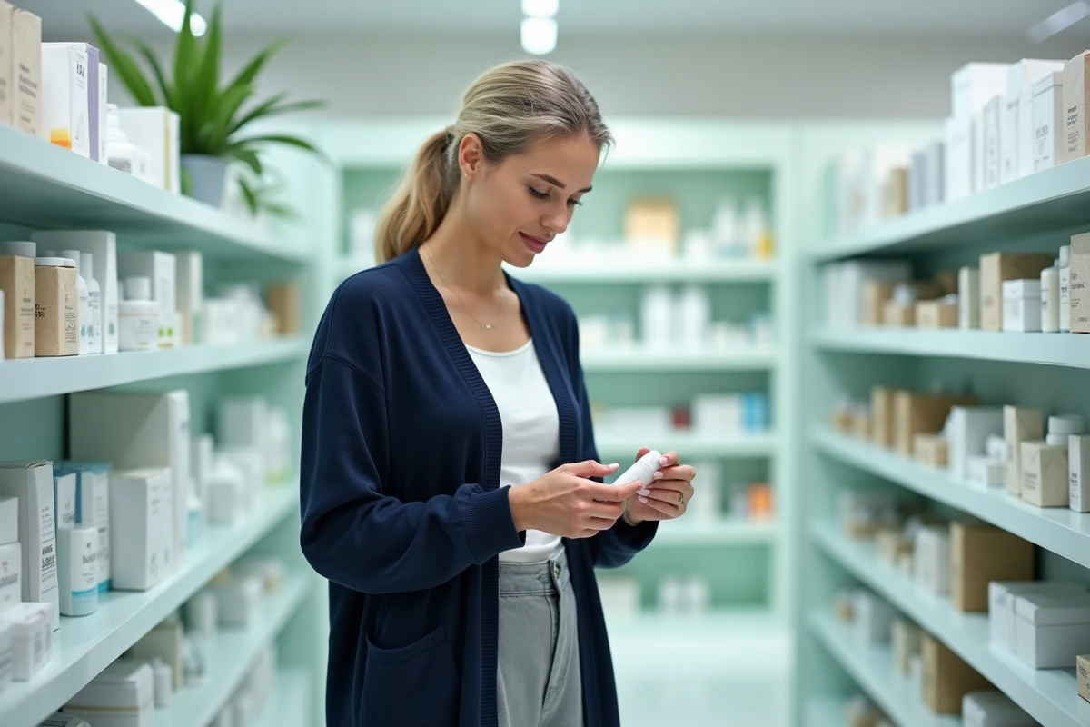 Femme en pharmacie lisant l'étiquette d'une crème intime pour choisir le meilleur traitement contre les démangeaisons